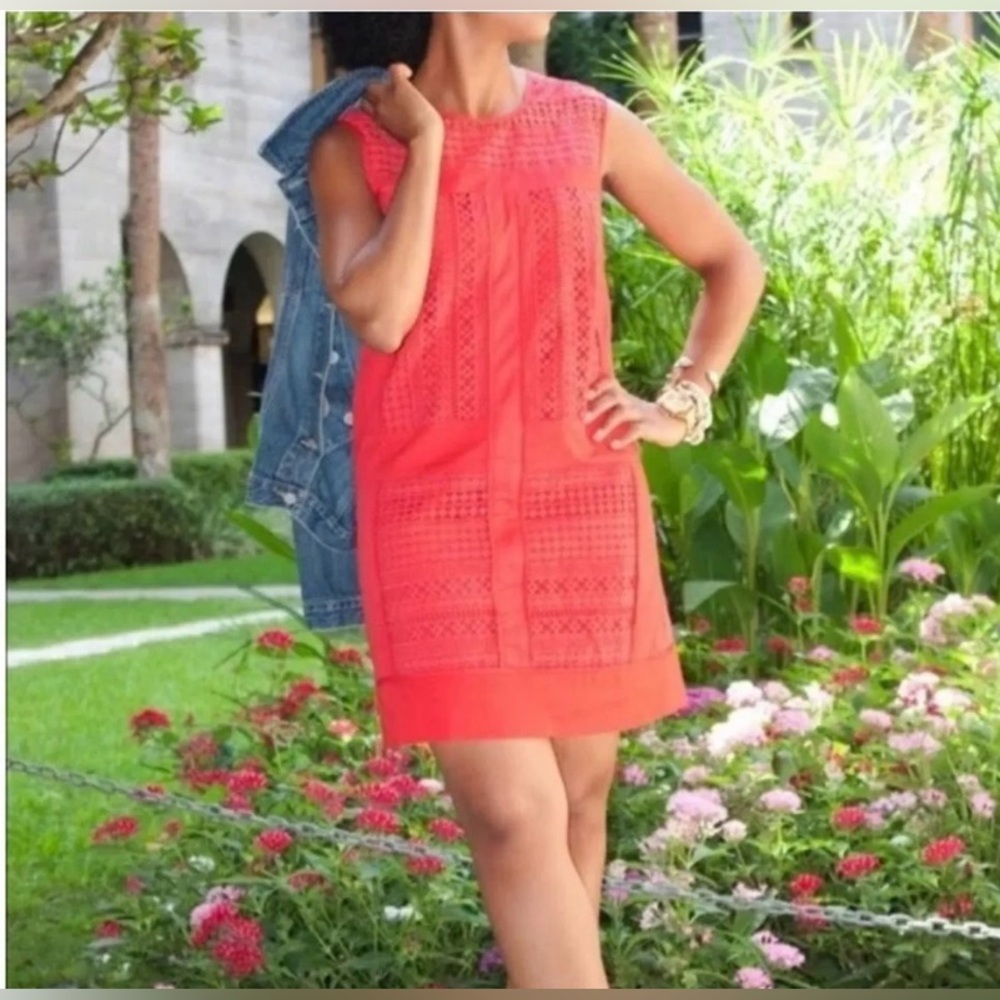 J Crew size XS Belvedere Coral 100% cotton sleeveless geo lace shift dress New
